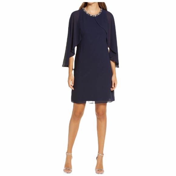 Vince Camuto Chiffon Cape Back Shift Dress NAVY 2 - Picture 1 of 17